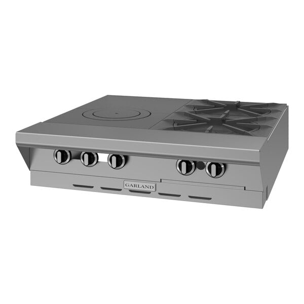 A stainless steel commercial gas range top with two burners and a front-fired hot top.