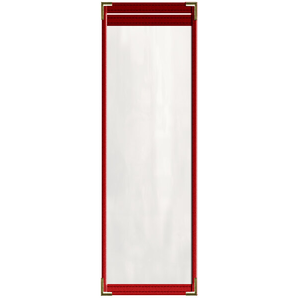 A red rectangular menu cover with white corners and gold trim.