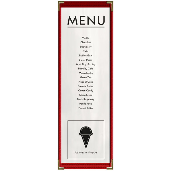 A red menu cover with gold corners and a white frame holding two white menu pages.