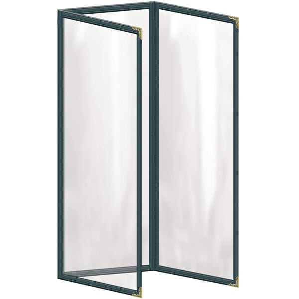 A green rectangular menu cover with gold decorative corners.