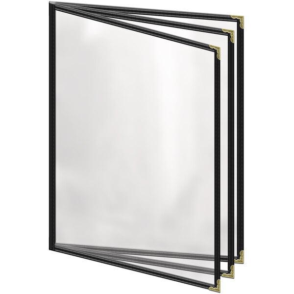 A black vinyl menu cover with gold corners and a white background.