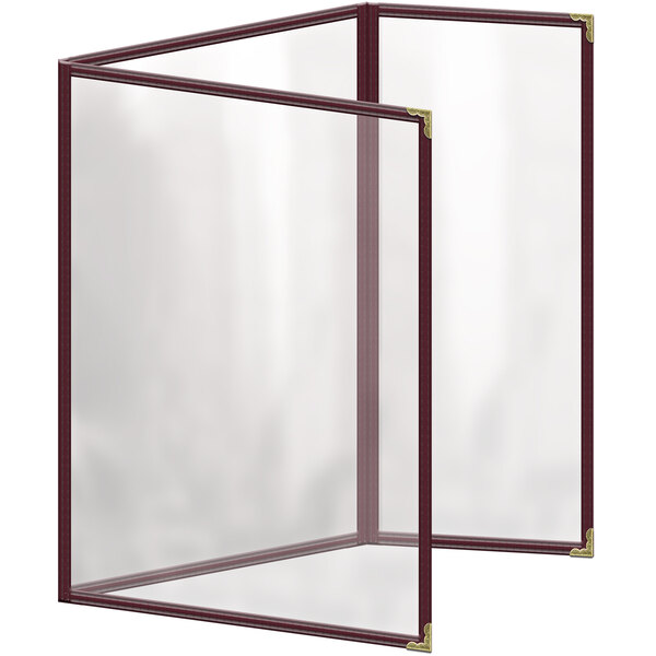 A maroon rectangular menu cover with gold decorative corners and a glossy finish.