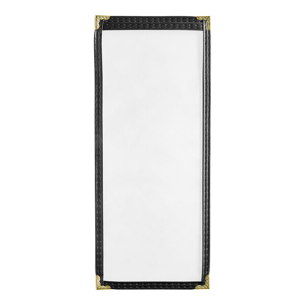 A rectangular black vinyl menu cover with gold decorative corners.