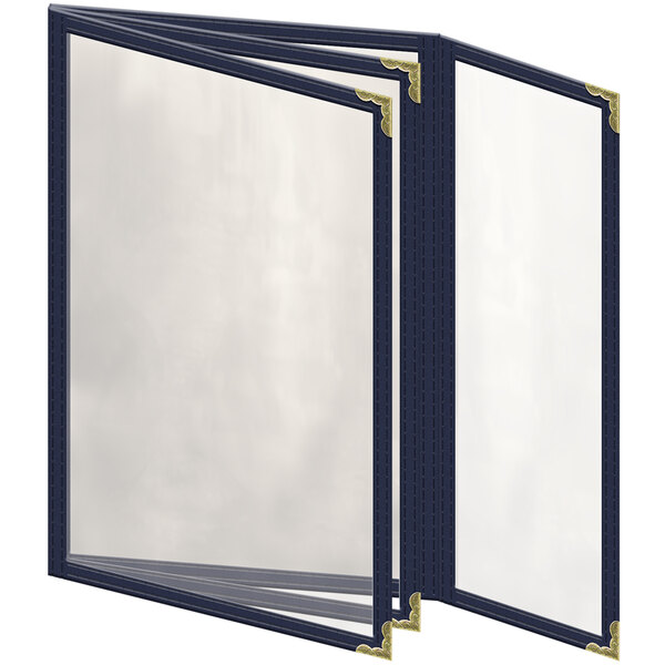 A close-up of a blue H. Risch, Inc. vinyl menu cover with gold decorative corners.