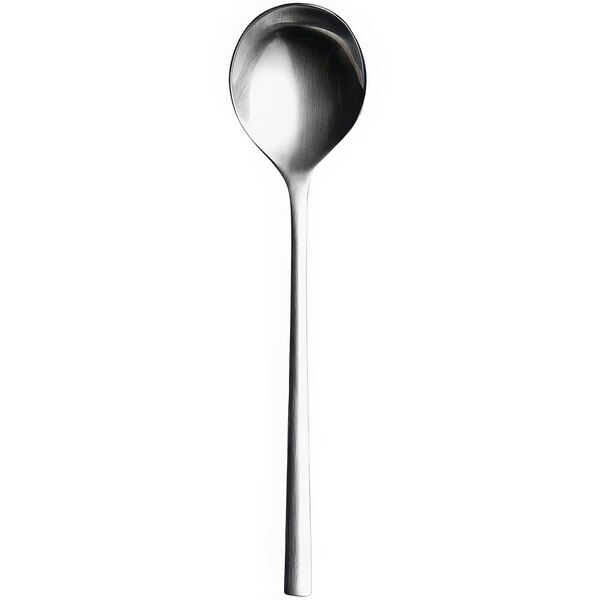 A Sola stainless steel bouillon spoon with a long handle.