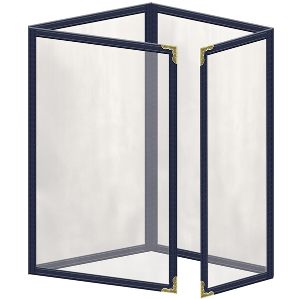 A glass case with a blue and gold H. Risch menu cover with gold corners.