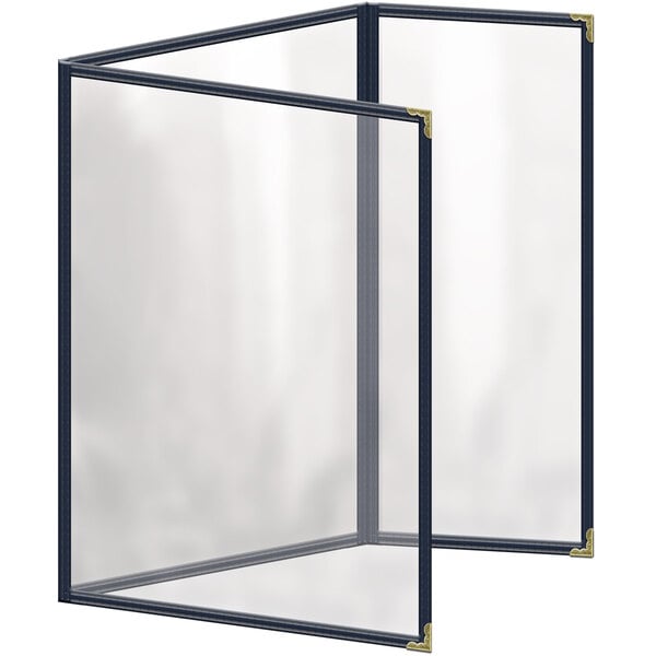 A blue menu cover with a white rectangular window and gold decorative corners.