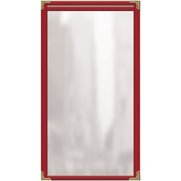 A red rectangular menu cover with gold trim and white background.