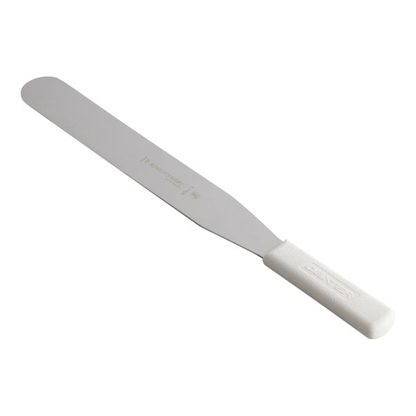 A straight metal spatula with a long, flat blade and a white plastic handle.
