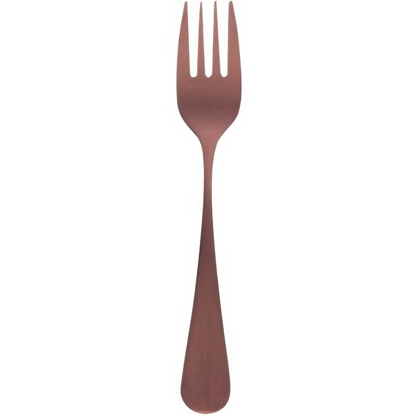 A Sola stainless steel cake fork with a copper colored handle.