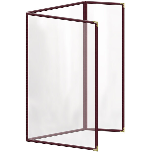 A maroon rectangular menu cover with gold decorative corners.