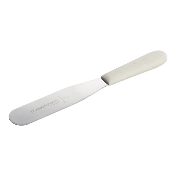 A straight baking or icing spatula with a white plastic handle and a long, flat metal blade.