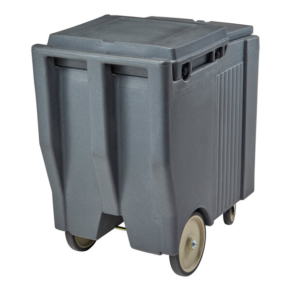 A large, gray, rectangular mobile bin with a sliding lid and two large wheels at the back.