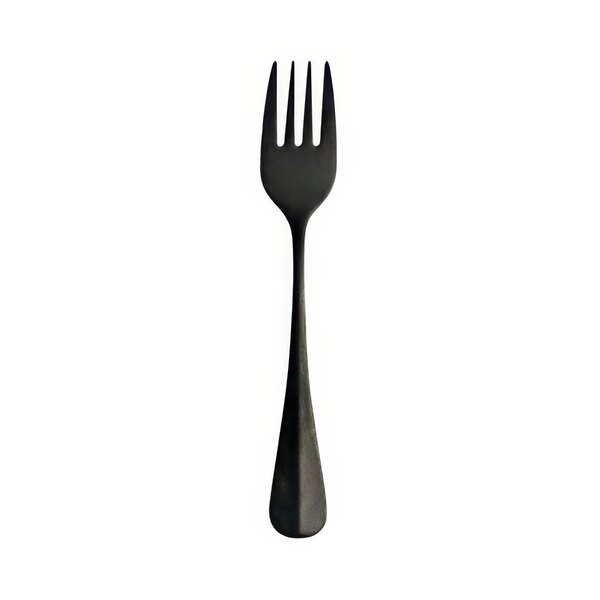 A close up of a Sola Baguette Vintage Black stainless steel cake fork with a black handle.