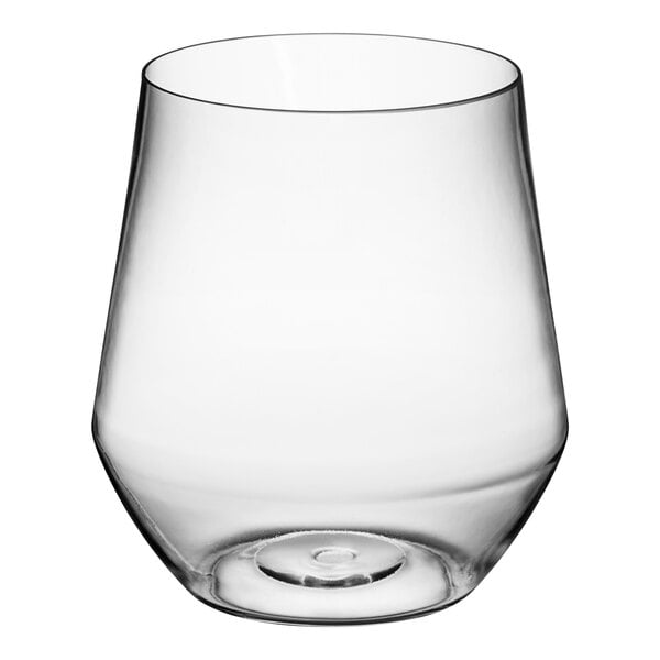 A Visions clear plastic stemless wine glass.