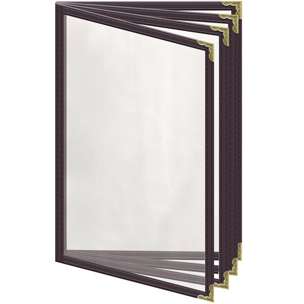 A brown menu cover with gold corners and a window display.