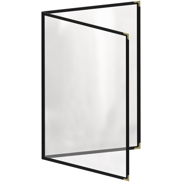 A white rectangular menu cover with a black border and gold corners.