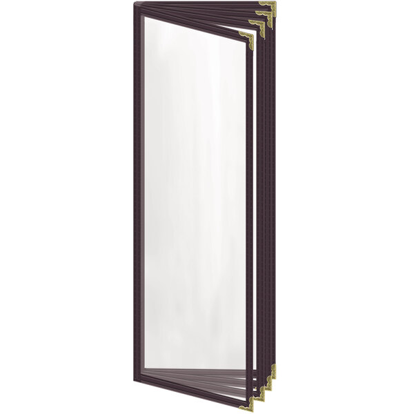 A rectangular brown menu cover with gold decorative corners.