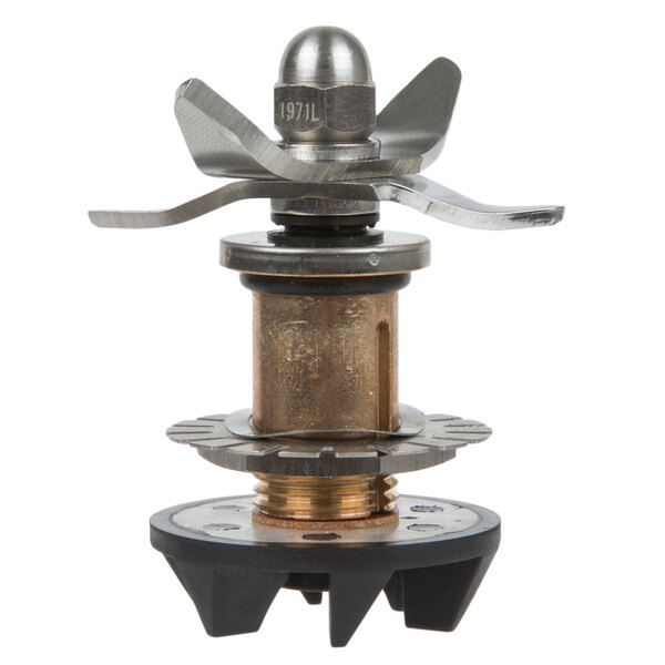 A metal cutting assembly with a brass and metal fan.