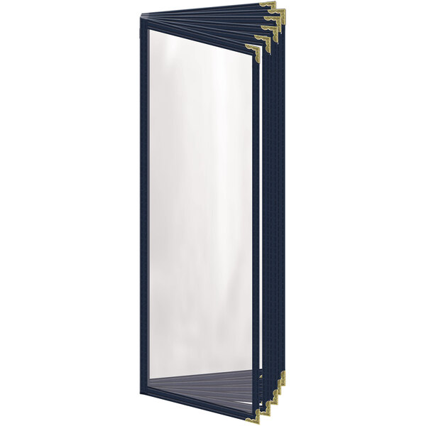 A blue rectangular vinyl menu cover with gold decorative corners.