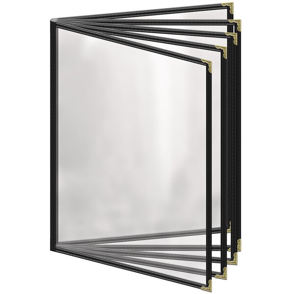 A group of black H. Risch, Inc. deluxe sewn vinyl menu covers with gold decorative corners.