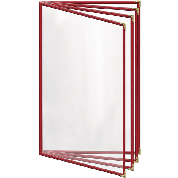 A red rectangular menu cover with gold decorative corners.