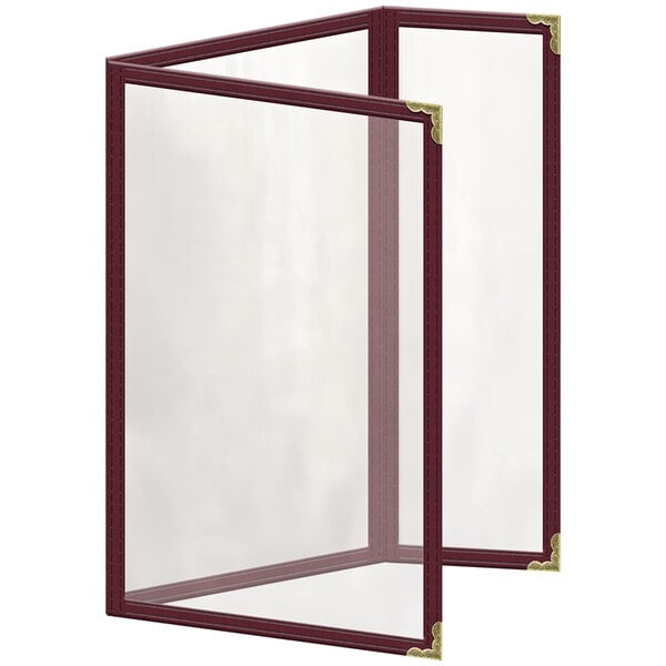 A maroon menu cover with gold decorative corners and glossy finish.