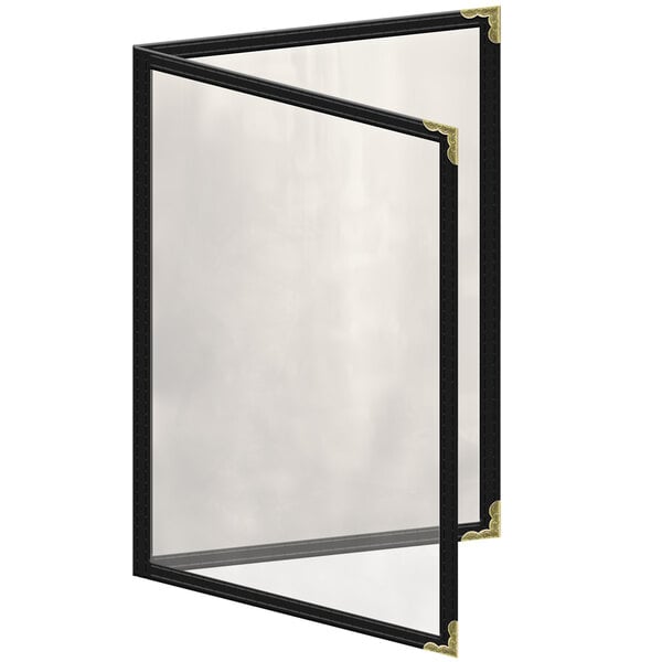 A black menu cover with gold decorative corners.