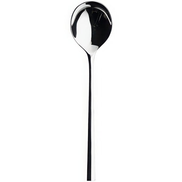 A Sola stainless steel bouillon spoon with a long stem.