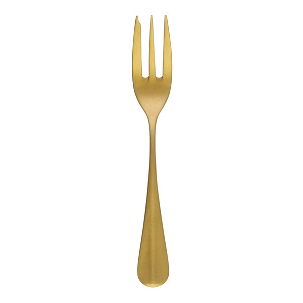 A Sola stainless steel cake fork with a gold handle.