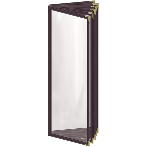 A rectangular brown vinyl menu cover with gold corners and a glass panel.