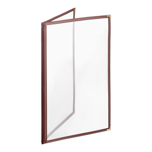 A maroon menu cover with gold corners and a gloss finish.