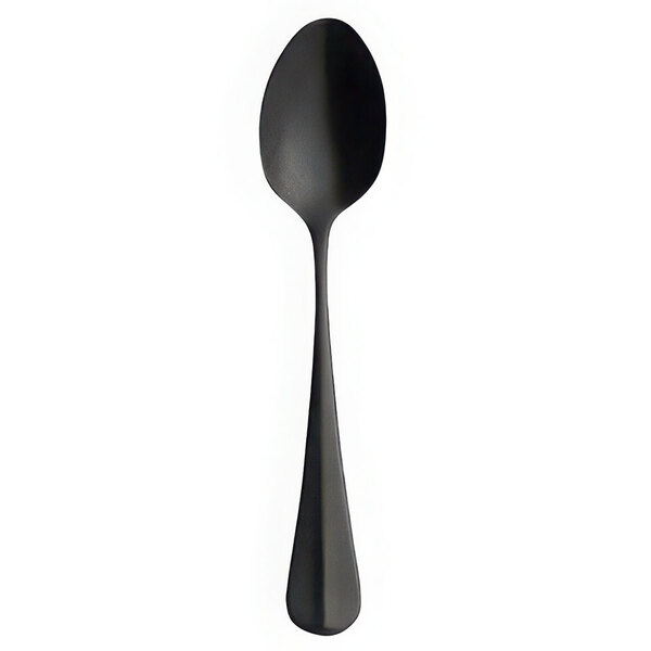 A black spoon with a long handle.