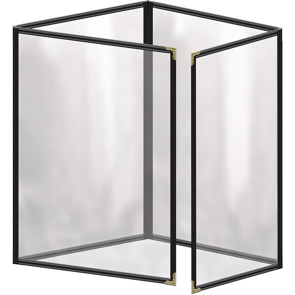 A black rectangular menu cover with gold decorative corners.