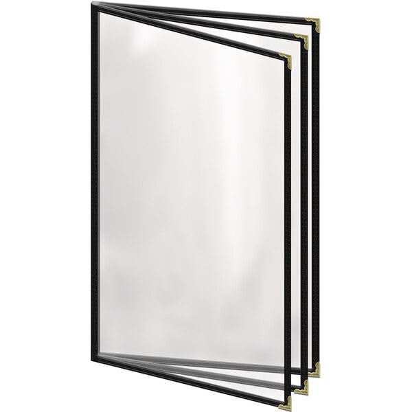 A group of black and gold menus with gold decorative corners on a white background.