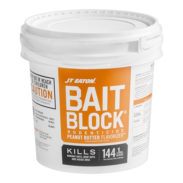 A white plastic pail of JT Eaton Bait Block rodenticide with peanut butter flavor, containing 144 one-ounce blocks.