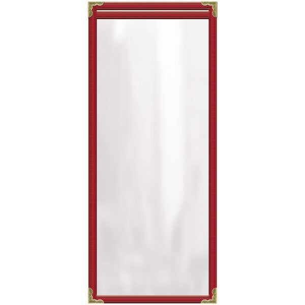 A red rectangular menu cover with gold corners and trim.