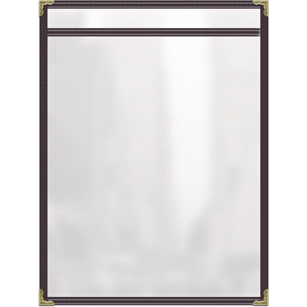 A white rectangular menu cover with a black border and gold decorative corners.