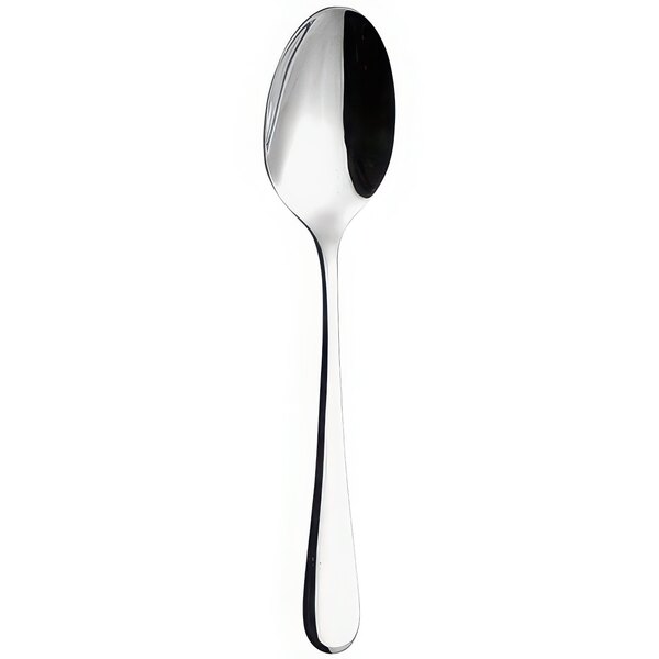 A silver dessert spoon with a black handle.