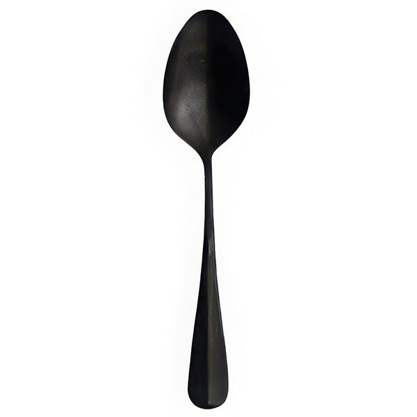 A close up of a Sola vintage black stainless steel dessert spoon with a long handle.