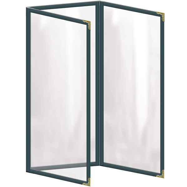 A green vinyl menu cover with gold corners and a gloss finish.