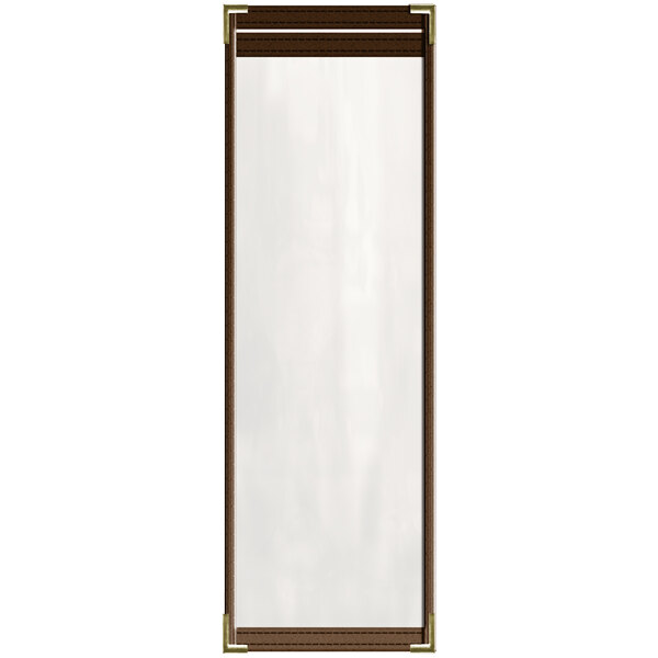 A brown rectangular menu cover with gold decorative corners and a gloss finish.