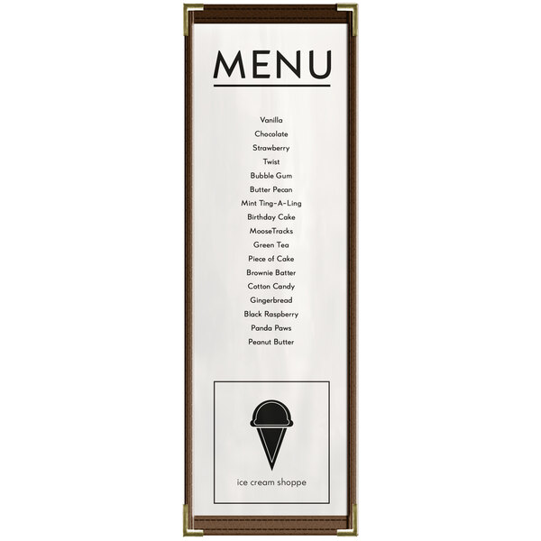 A brown H. Risch, Inc. vinyl menu cover with gold corners and a white frame holding a menu with black text and an ice cream cone logo.
