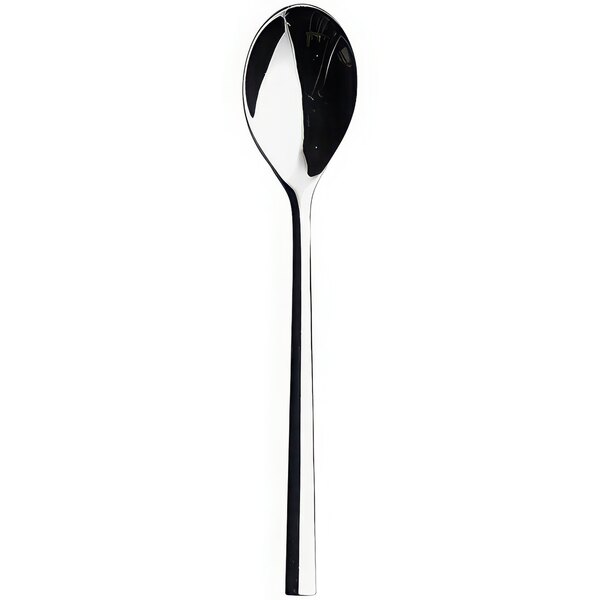 A Sola stainless steel teaspoon with a long handle and a reflection.