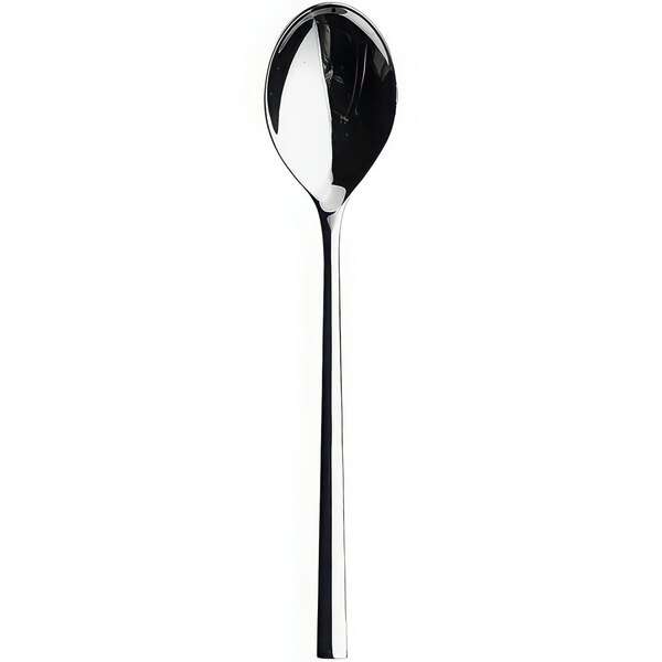 A silver Sola stainless steel dessert spoon with a black handle.