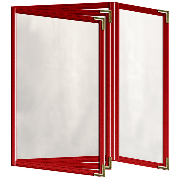 a red and white background with gold corners