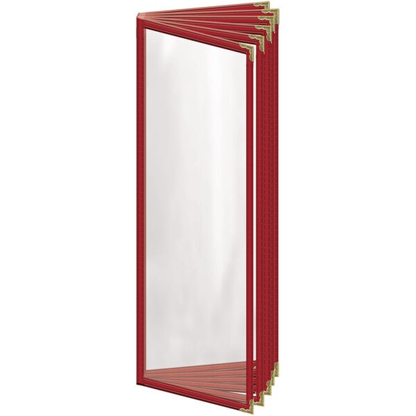 A red rectangular H. Risch, Inc. vinyl menu cover with gold decorative corners.