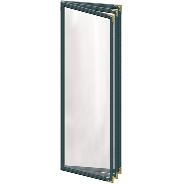 A H. Risch, Inc. green vinyl menu cover with gold corners and black border.