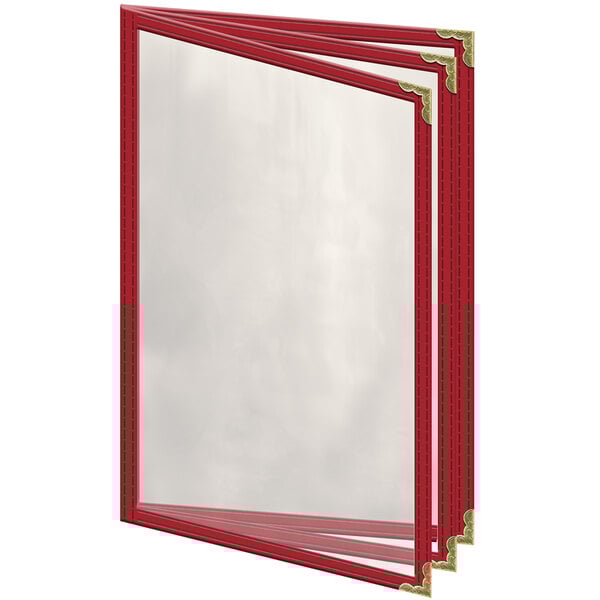 A red vinyl menu cover with gold corners and six clear pockets.