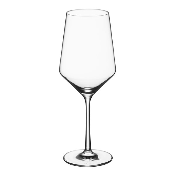 A close-up of a clear Zwiesel Glas Pure Cabernet wine glass with a stem.